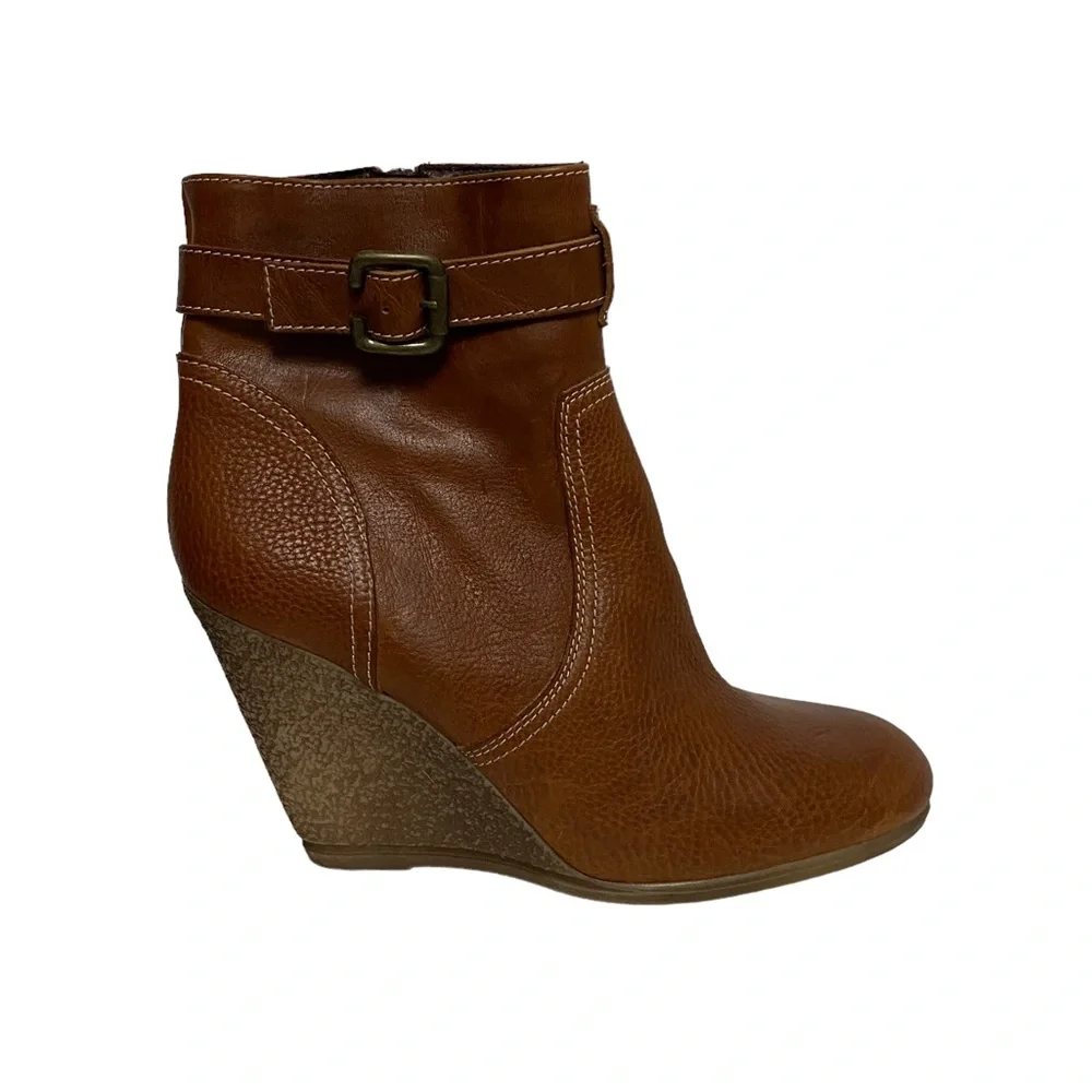 Italian Nara Shoes Leather Wedge Winter‎ Break Casual Chic Bootie Cognac Brown